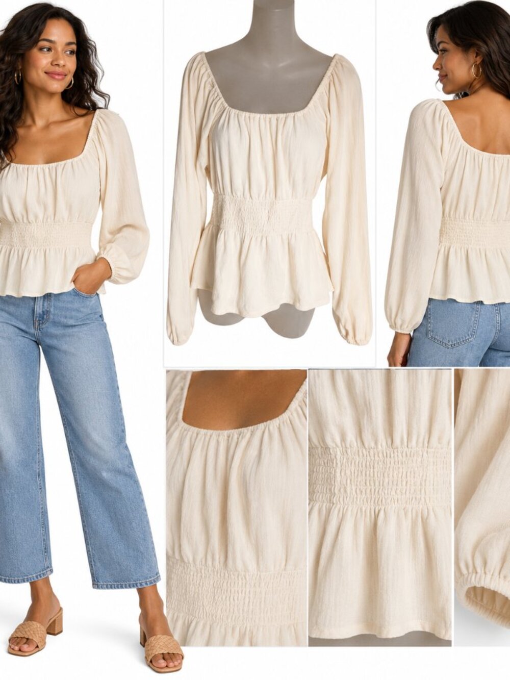 Madewell Cream Smocked Waist Peplum Blouse Square Neck Boho Romantic Top L